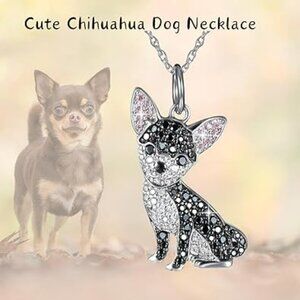 Cute Chihuahua Dog Pendant Necklace  Black and Clear Crystals Dog Lover